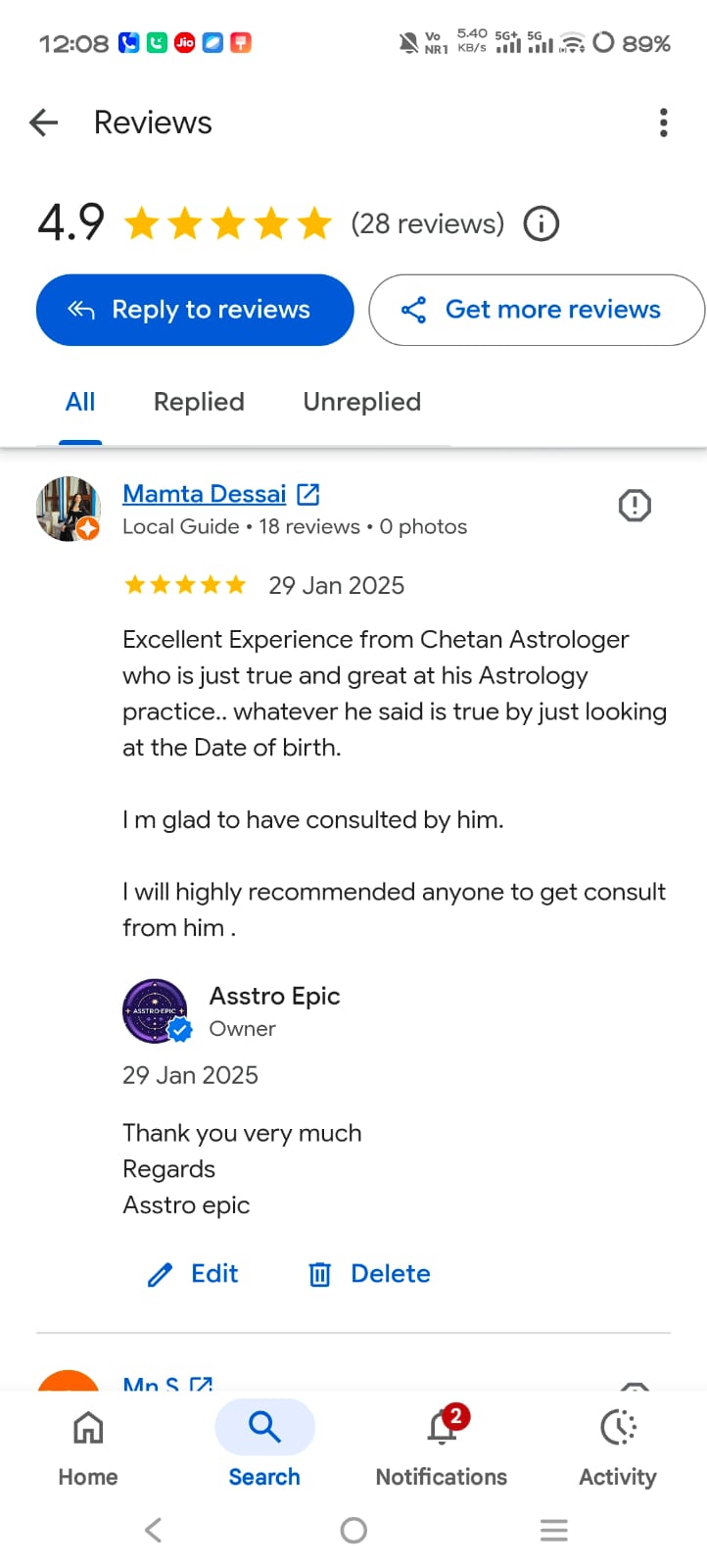 Five-star Google review for Acharya Chetan